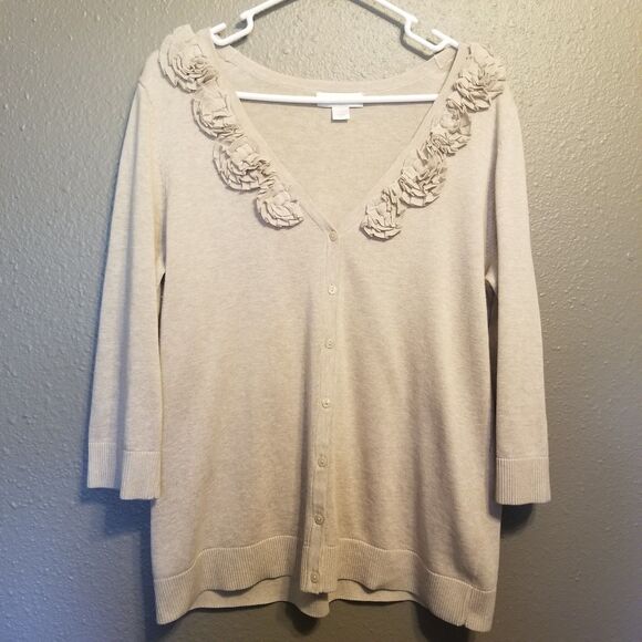 Christopher Banks L Cardigan Sweater Button 3D Floral Trim 100% Cotton Preppy - Picture 2 of 11